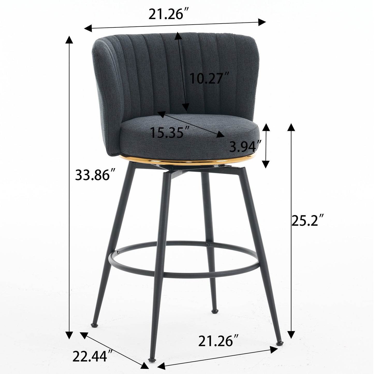 A set of 2 gray rotating bar stools - high backrest, adjustable, with elegant metal backrest decoration