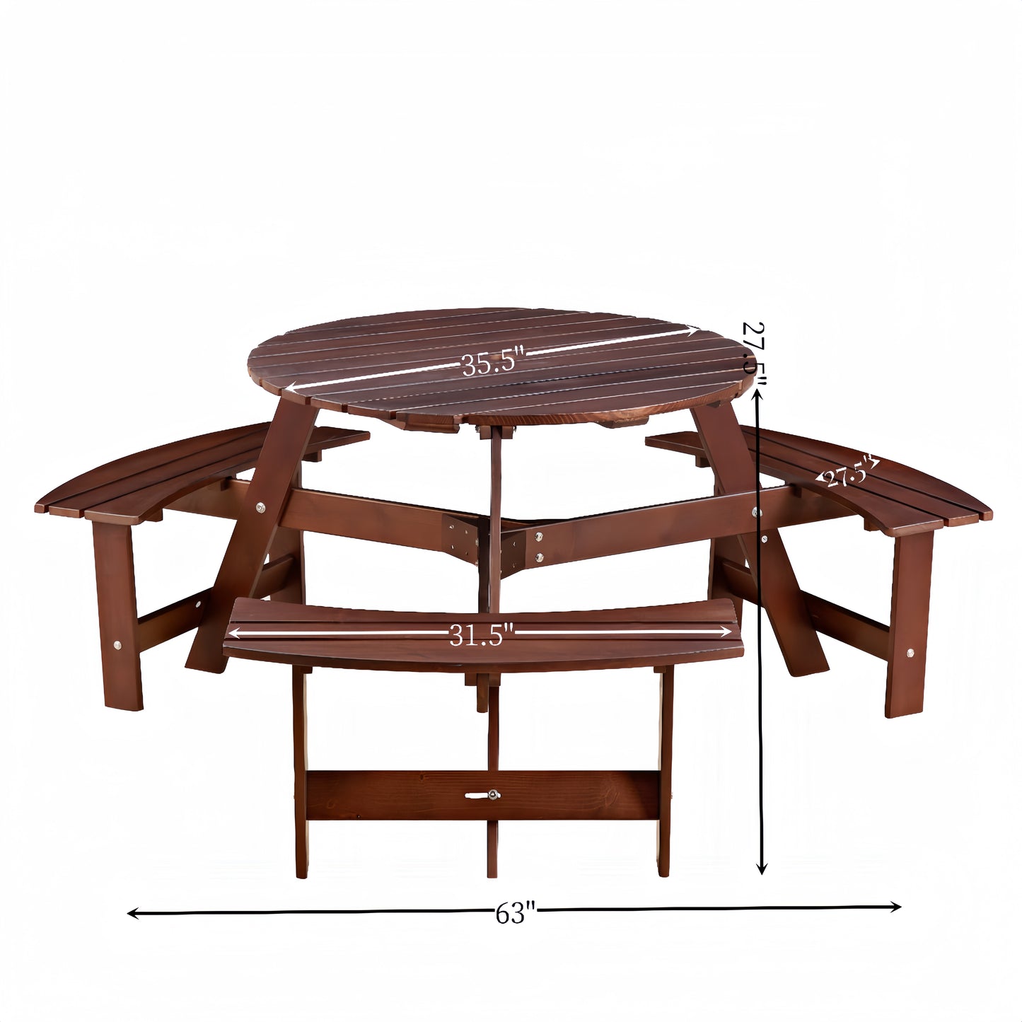 6-person circular picnic table with 3 built-in benches, umbrella holes, outdoor tables and chairs brown bench set