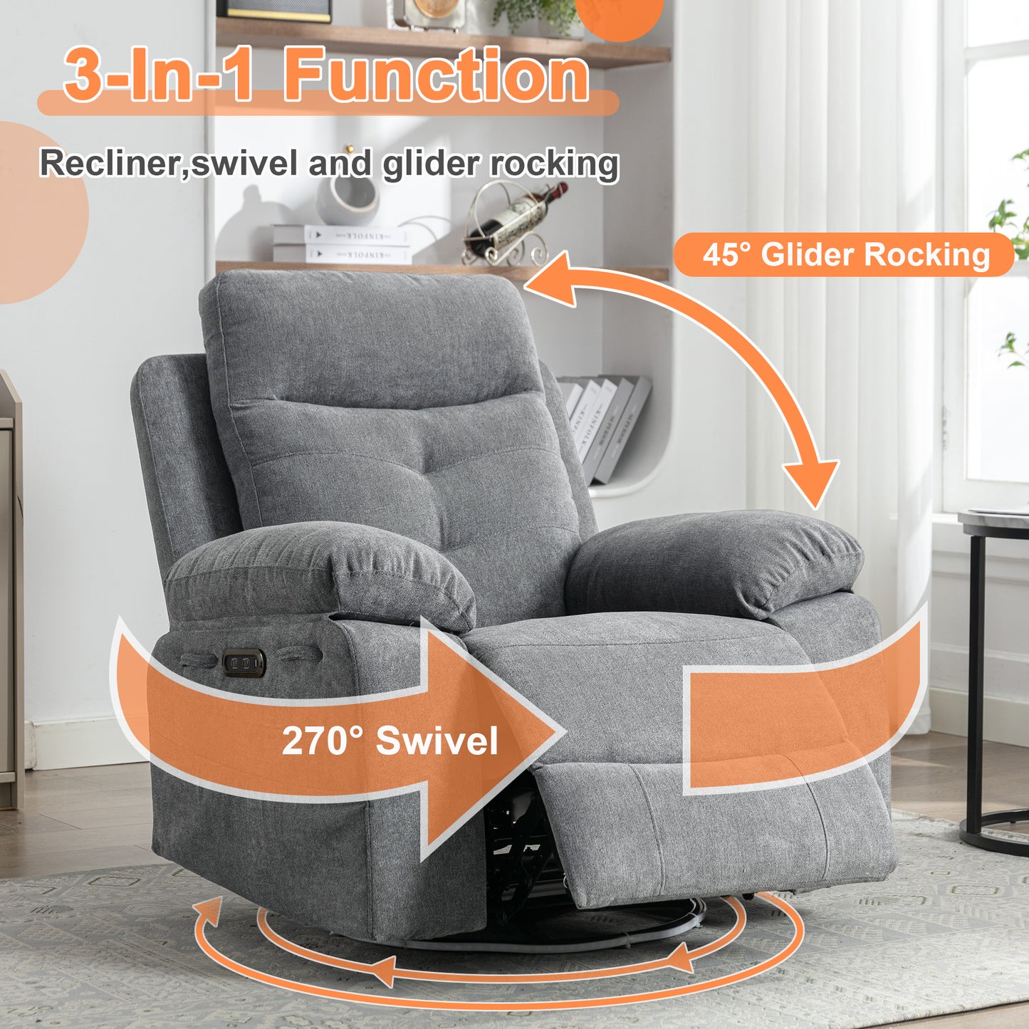 270 degree rotating electric recliner speaker with LED light, USB+C charging port, extendable foot pedal, adjustable backrest