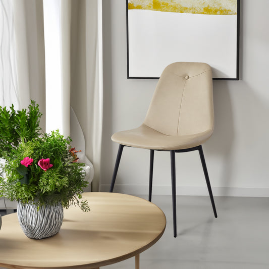 A set of 2 high back dining chairs with PU artificial leather soft cushions and metal legs, decorated with large soft cushions