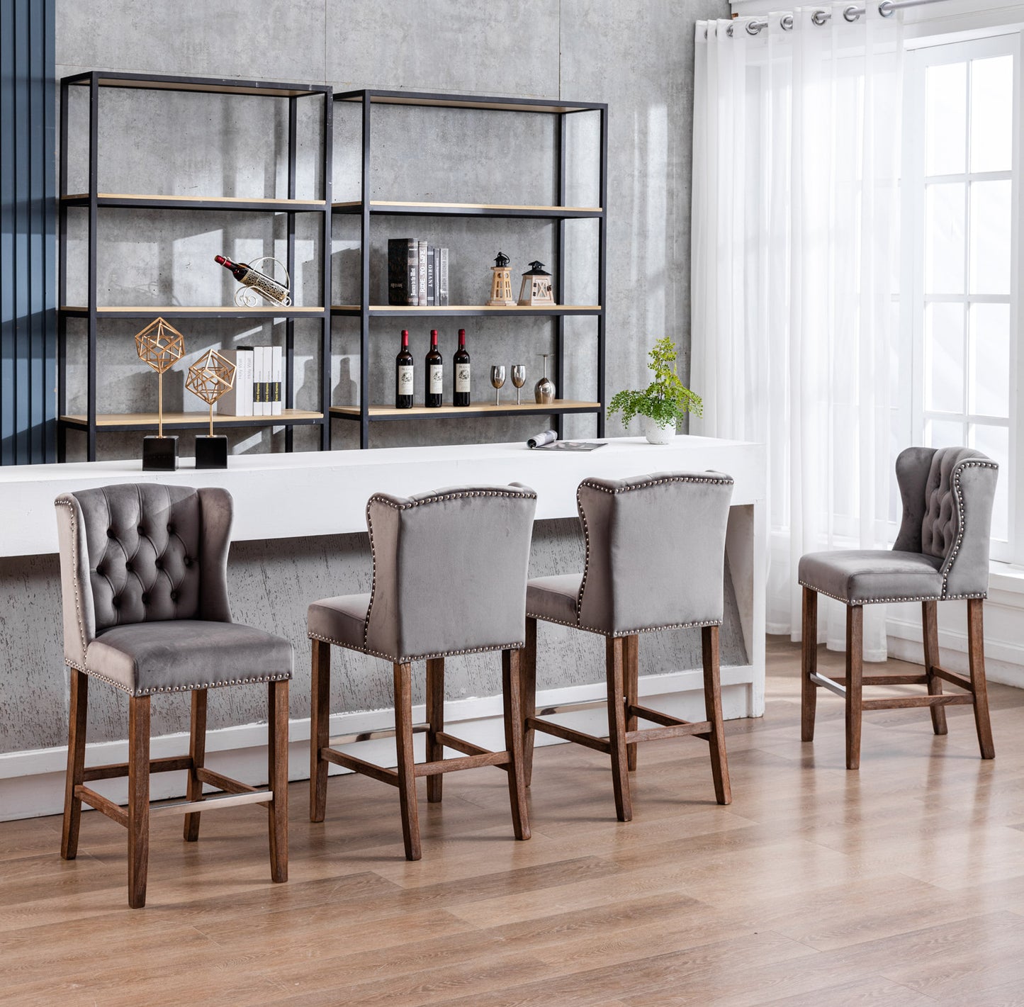 A&A Furniture Counter Height Bar Stools Upholstered 27" Seat Height Barstools Wingback Breakfast Chairs