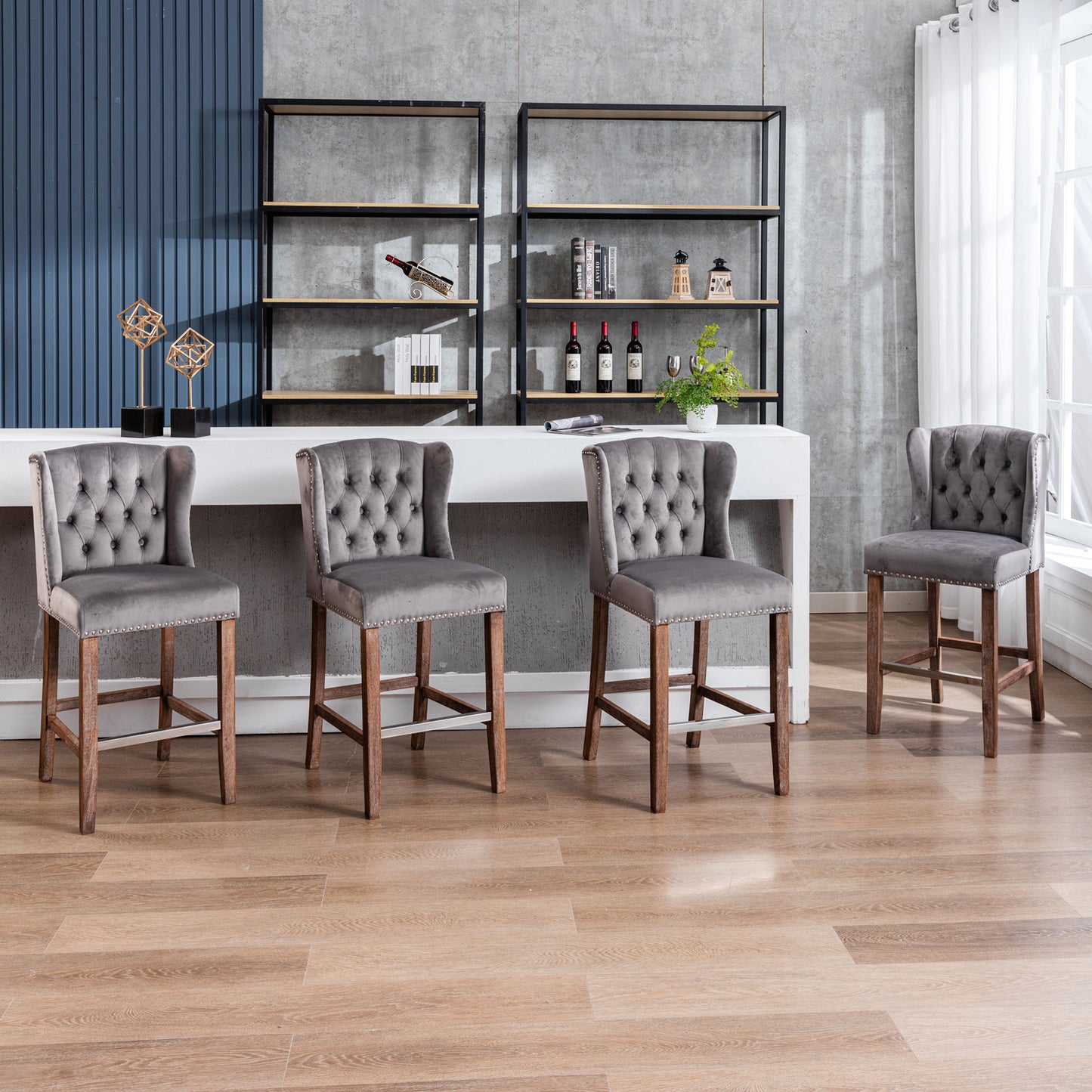 A&A Furniture Counter Height Bar Stools Upholstered 27" Seat Height Barstools Wingback Breakfast Chairs