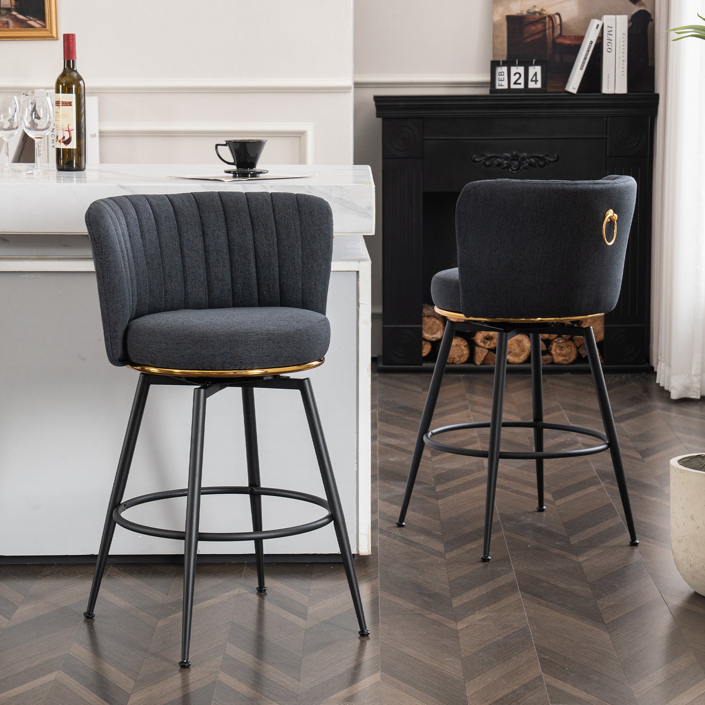 A set of 2 gray rotating bar stools - high backrest, adjustable, with elegant metal backrest decoration