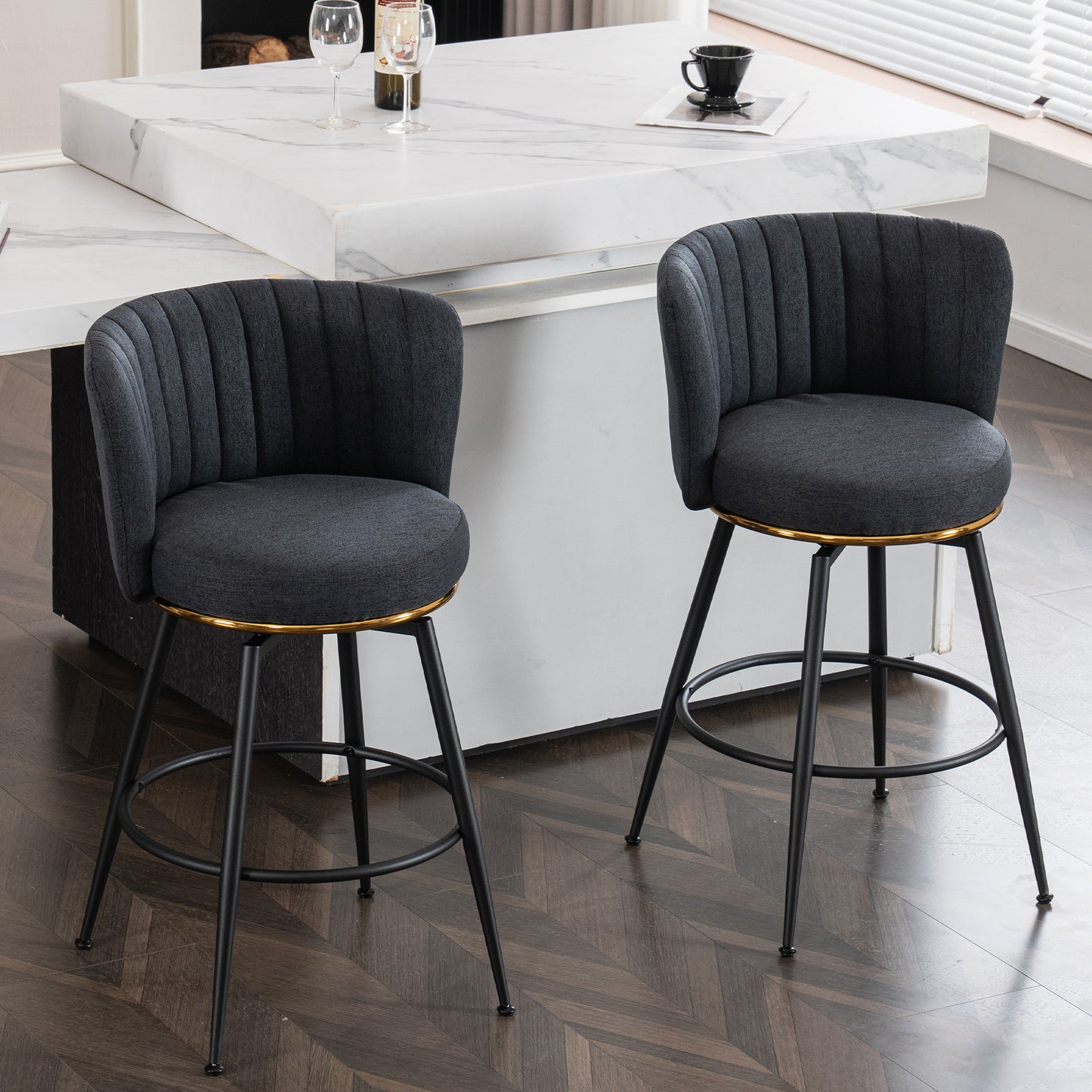 A set of 2 gray rotating bar stools - high backrest, adjustable, with elegant metal backrest decoration