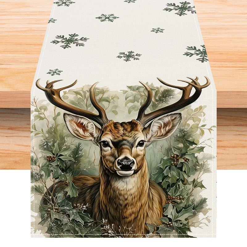 Reindeer printed table flag Christmas snowflake linen tablecloth holiday decoration table cloth tea flag pad