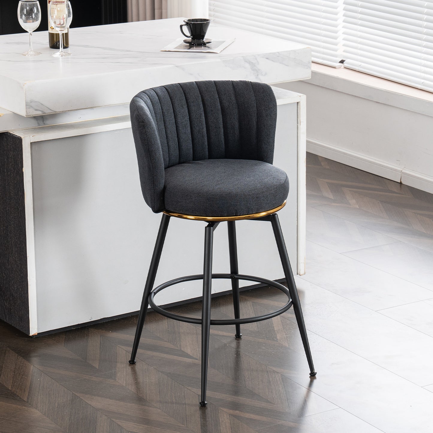 A set of 2 gray rotating bar stools - high backrest, adjustable, with elegant metal backrest decoration