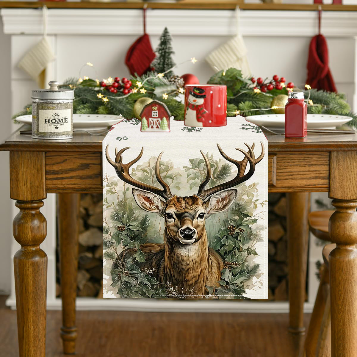 Reindeer printed table flag Christmas snowflake linen tablecloth holiday decoration table cloth tea flag pad