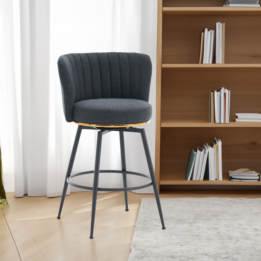 A set of 2 gray rotating bar stools - high backrest, adjustable, with elegant metal backrest decoration