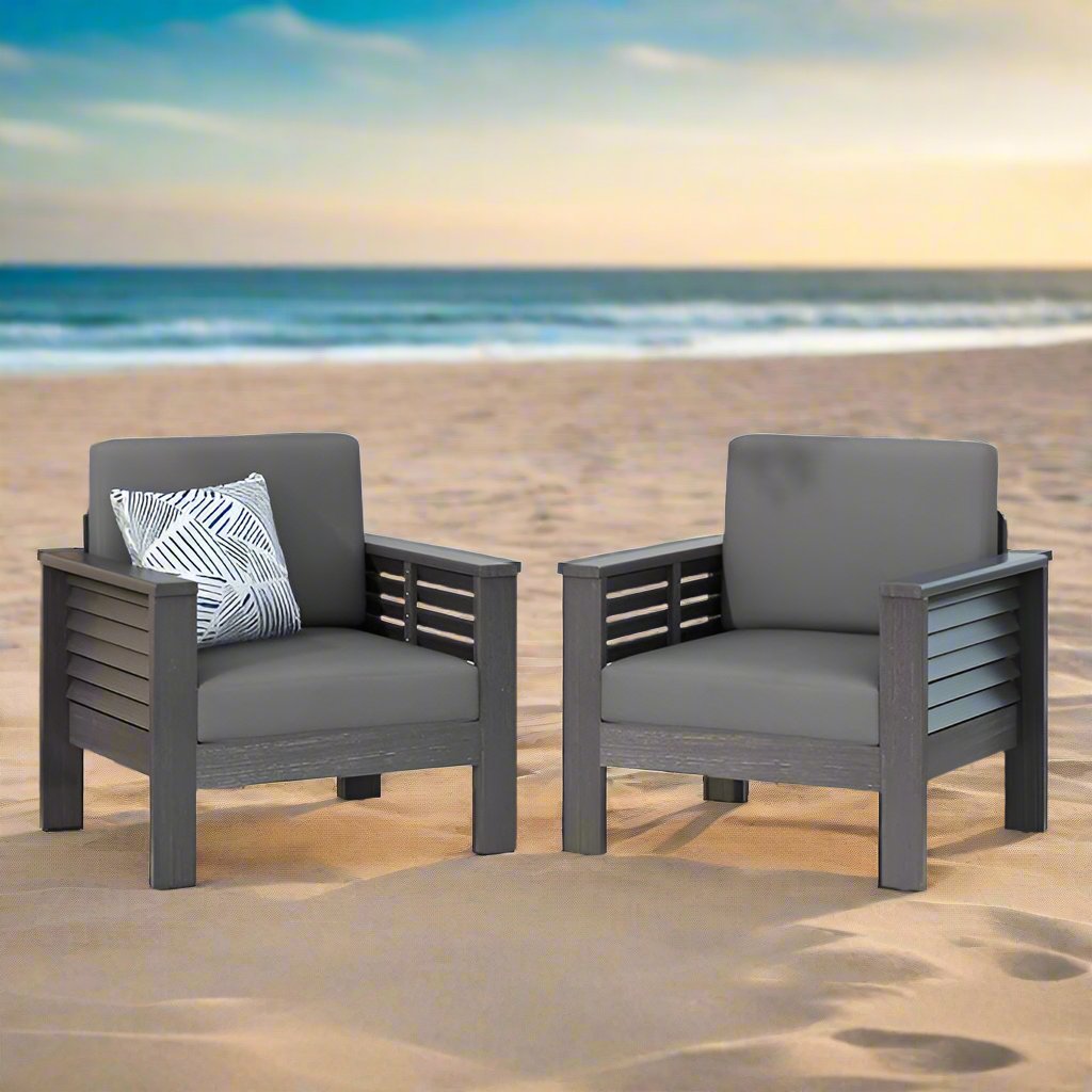 ( Set of 2) Outdoor Acacia Wood Club Chairs with Cushions, Dark Gray, 27.75"D x 32"W x 27.75"H