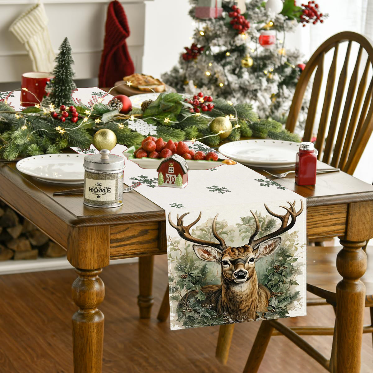 Reindeer printed table flag Christmas snowflake linen tablecloth holiday decoration table cloth tea flag pad