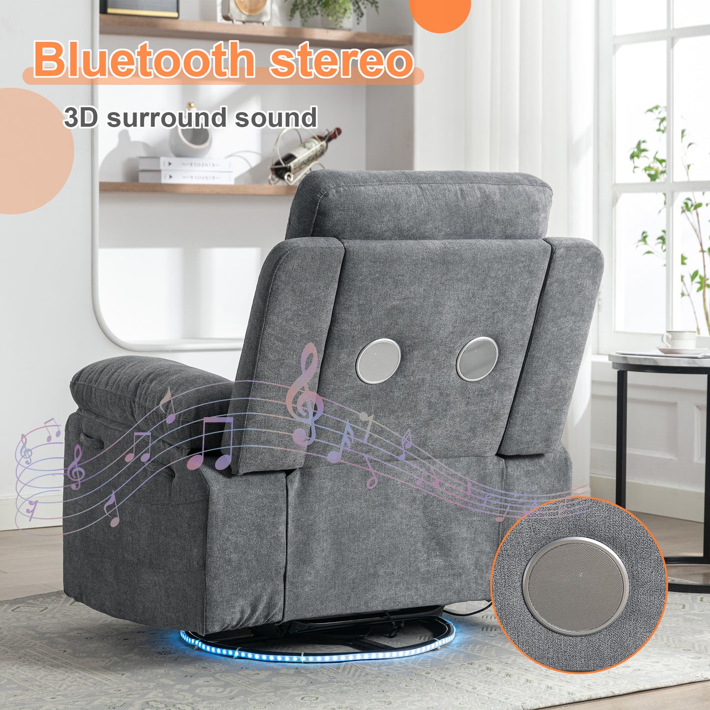 270 degree rotating electric recliner speaker with LED light, USB+C charging port, extendable foot pedal, adjustable backrest