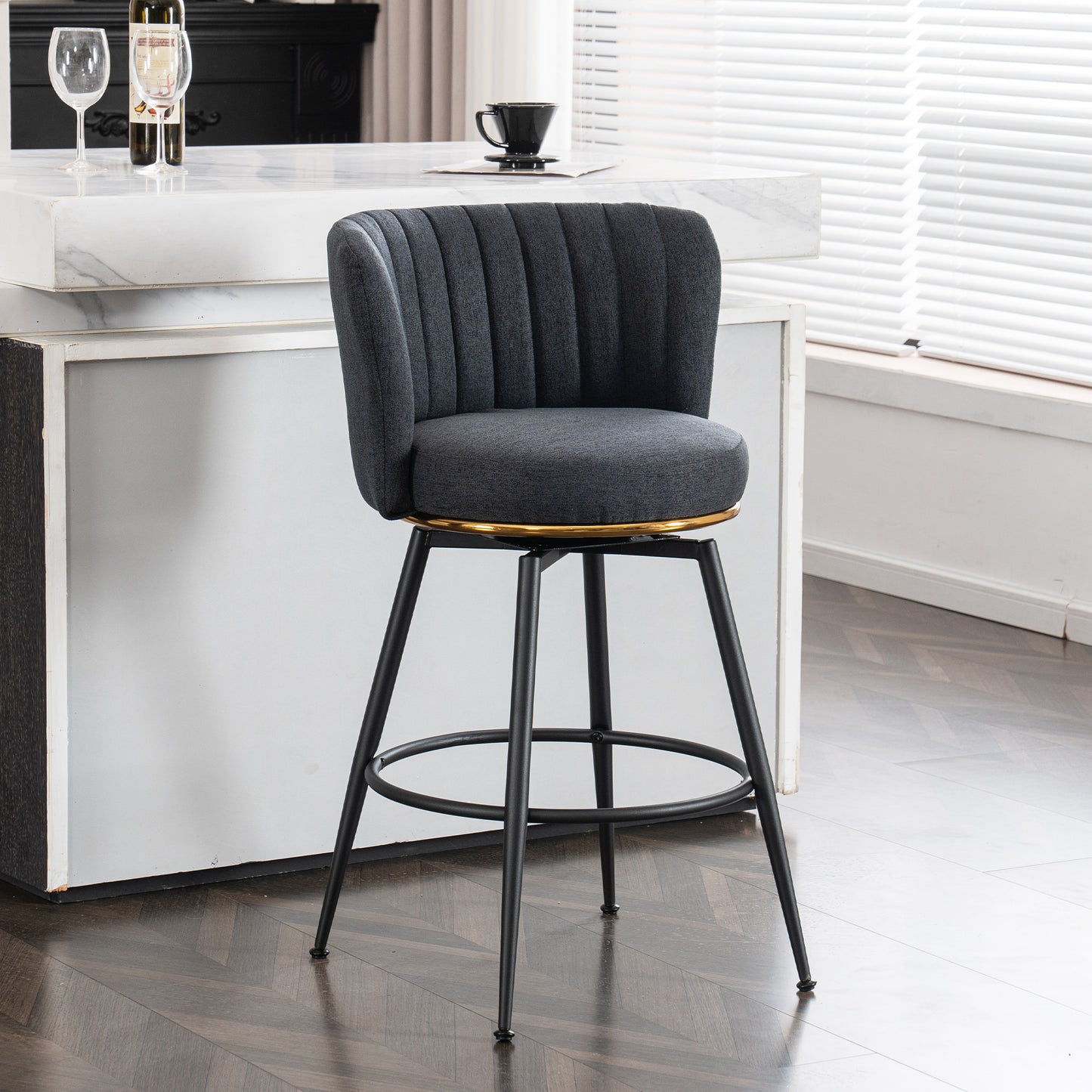 A set of 2 gray rotating bar stools - high backrest, adjustable, with elegant metal backrest decoration