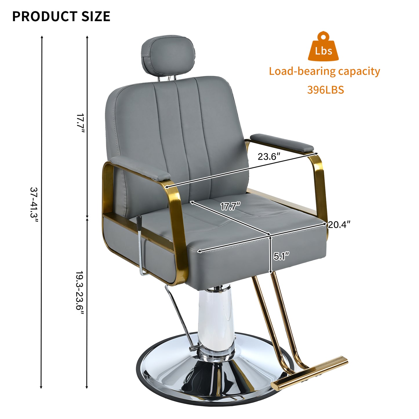 Advanced reclining hair salon chair with heavy-duty hydraulic pump, 360 ° rotation, maximum weight capacity of 400 pounds, Gray