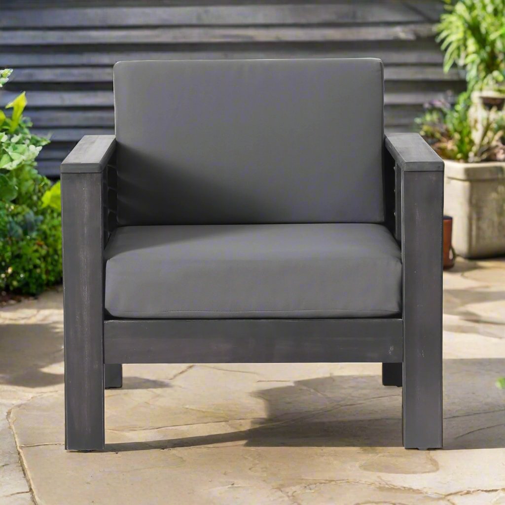 ( Set of 2) Outdoor Acacia Wood Club Chairs with Cushions, Dark Gray, 27.75"D x 32"W x 27.75"H