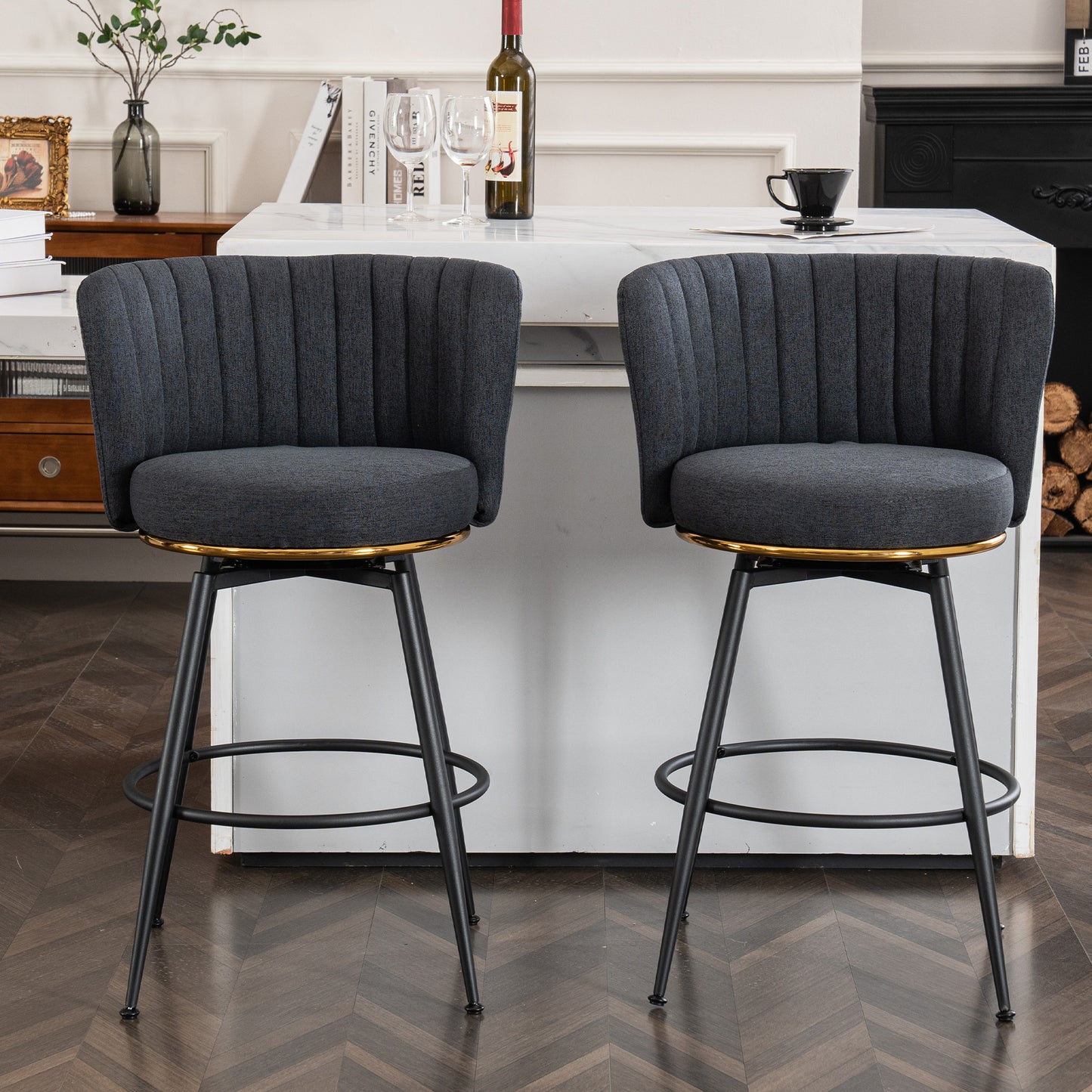 A set of 2 gray rotating bar stools - high backrest, adjustable, with elegant metal backrest decoration