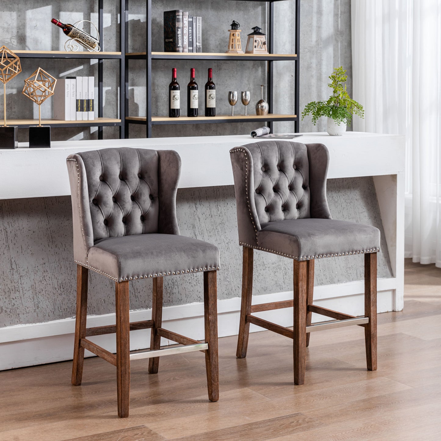 A&A Furniture Counter Height Bar Stools Upholstered 27" Seat Height Barstools Wingback Breakfast Chairs