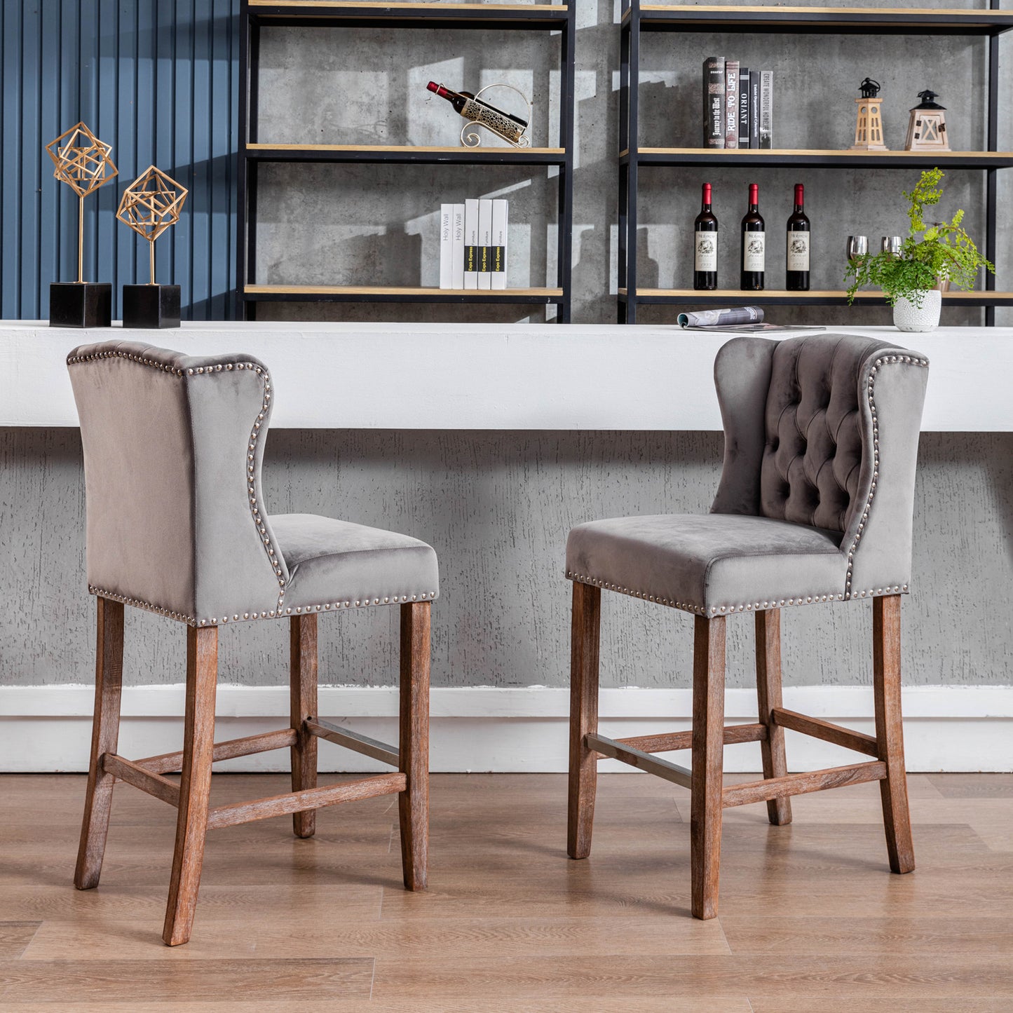 A&A Furniture Counter Height Bar Stools Upholstered 27" Seat Height Barstools Wingback Breakfast Chairs