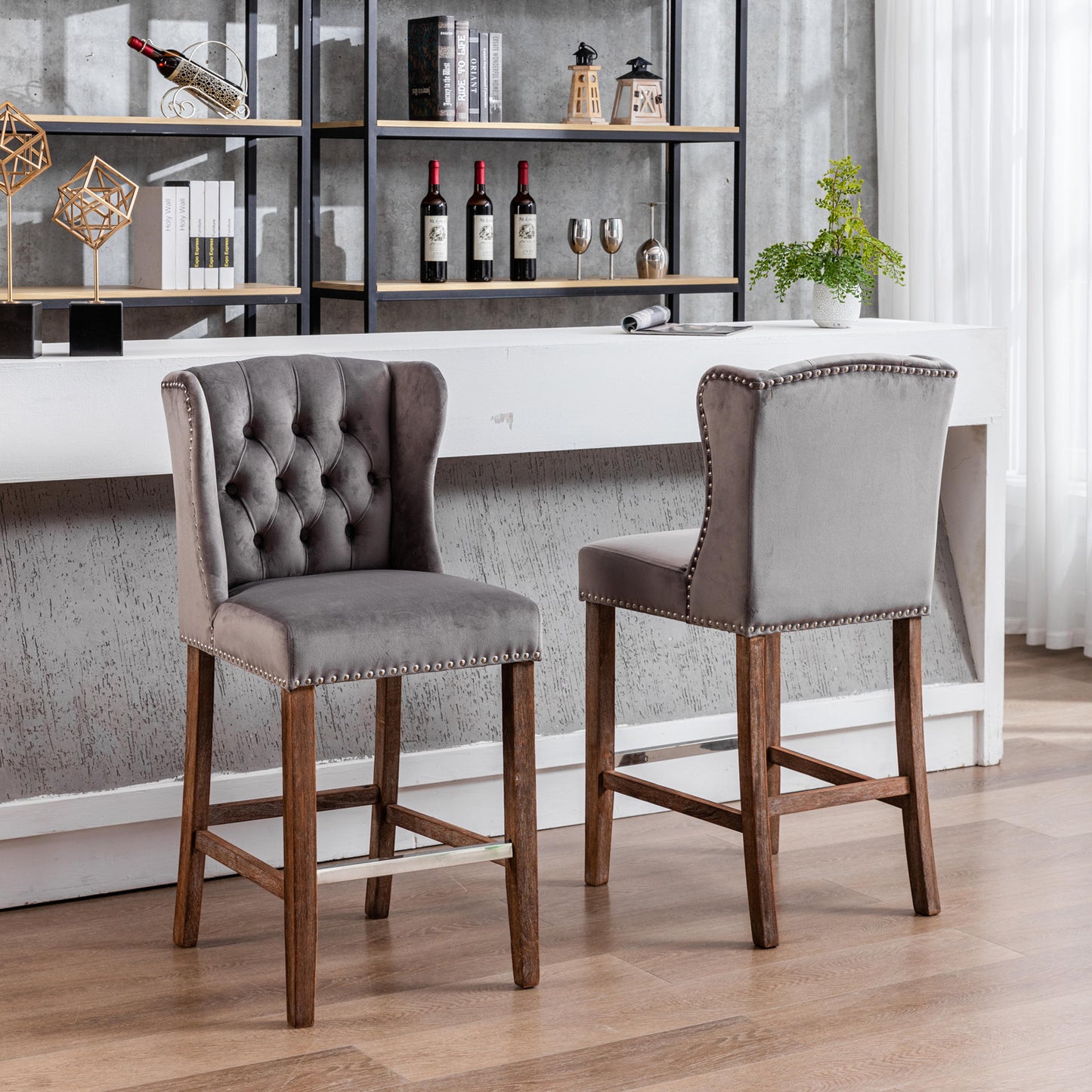 A&A Furniture Counter Height Bar Stools Upholstered 27" Seat Height Barstools Wingback Breakfast Chairs