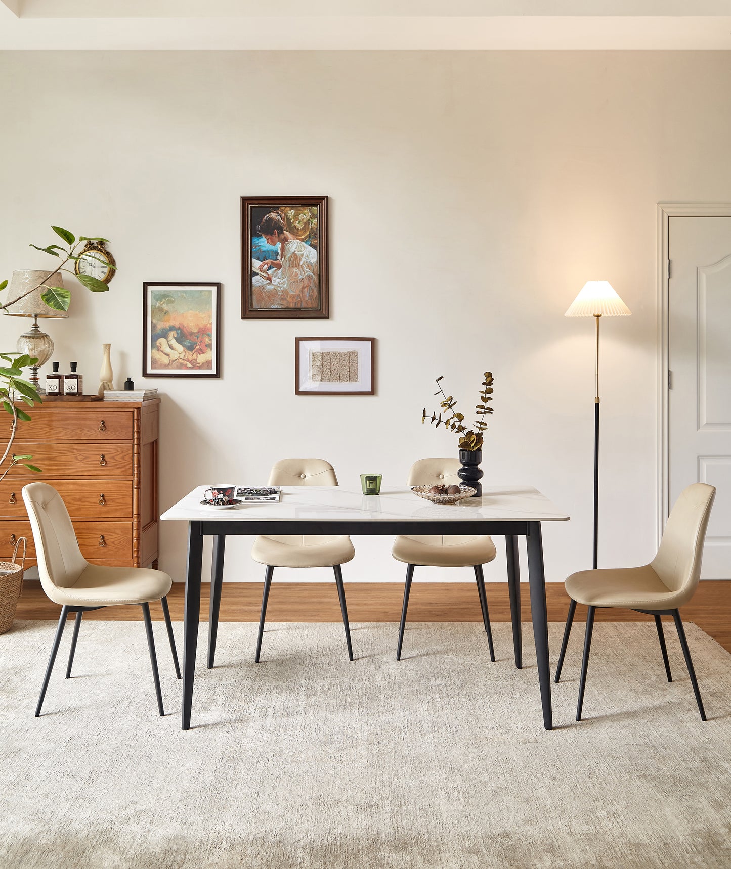 A set of 2 high back dining chairs with PU artificial leather soft cushions and metal legs, decorated with large soft cushions