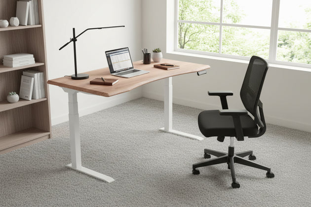ELECTRIC STANDING DESK  WHITE FRAME, TEAK WOOD TOP 